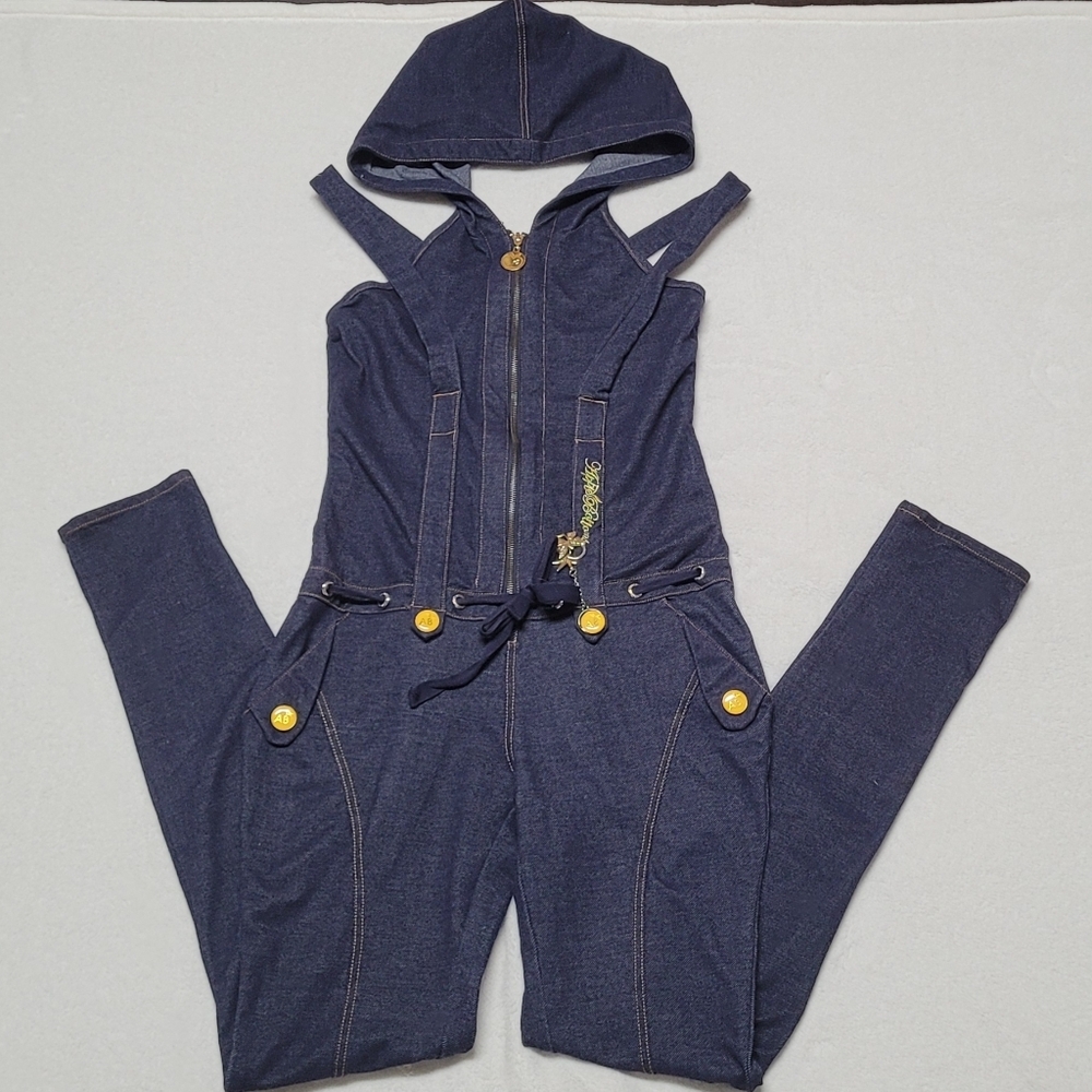 Rare Vintage Y2K Apple Bottom Jeans Hooded Halter Half-Zip Tie-Waist Jumpsuit L - Picture 2 of 13